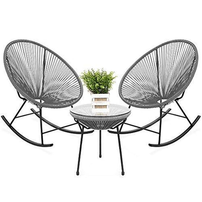 Best Choice Products 3-Piece Outdoor Acapulco All-Weather Woven Rope Patio Conversation Bistro Set w/Glass Top Table and 2 Rocking Chairs - Gray - CookCave