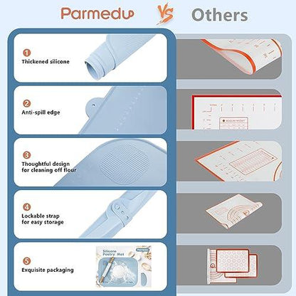 Parmedu Silicone Pastry Mat: 32"*24" Extra Large Non-stick Mat for Kneading with Storage Belt and Dough Cutter - Silicone Heatresistant Countertop Mat and Dough Rolling Mat for Making Pastry and Pasta - CookCave