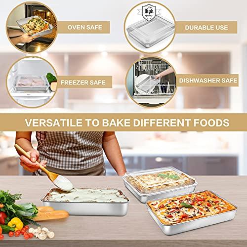 E-far Baking Pan with Lid(12.4/10.4/9.4 inch), Stainless Steel Rectangular Sheet Cake Pans with Cover, Metal Bakeware Sets for Lasagna Casseroles Brownie, Non-toxic & Dishwasher Safe - 3 Pans + 3 Lids - CookCave