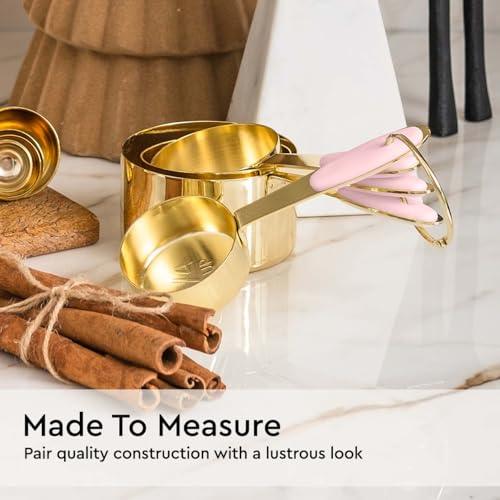 Pink Measuring Cups and Spoons Set - Sturdy 8PC Pink & Gold Measuring Cups and Spoons Set Stainless Steel with Pink Silicone Handle- Pink Kitchen Decor - Pink Kitchen Accessories - Cute Measuring Cups - CookCave