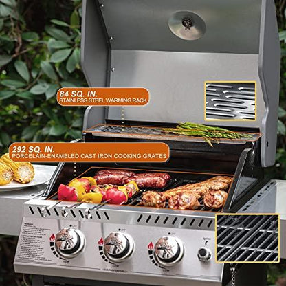 Royal Gourmet GG3001S Stainless Steel 3-Burner Propane Gas Grill, 25,500 BTU Cabinet Style BBQ Gas Grill with Side Tables, Outdoor Cooking Patio Garden Barbecue, Silver - CookCave
