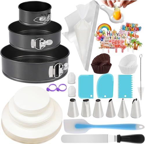 RUISENLAI 260pcs Cake Pan Set for Baking + Cake Decorating Supplies: 3 Round Non Stick Springform Pan Set (4, 7, 9 inches), Icing Tips, disposable piping bags – with 60 Pcs Parchment Paper Liners - CookCave