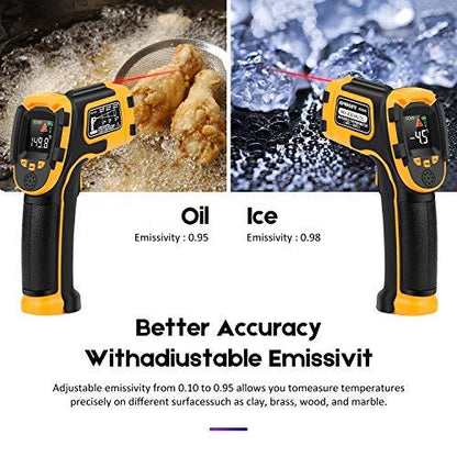 Infrared Thermometer Non-Contact Digital Laser Temperature Gun -58℉～1112℉(-50℃～600℃) Adjustable Emissivity IR Temp Gun - for Cooking/BBQ/Food/Fridge/Pizza Oven/Engine - Meat Thermometer Included - CookCave