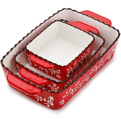 AVLA 3-Pack Red Porcelain Baking Dishes - 12 x 8.5 x 6 Inches, For Lasagna, Casserole, Cake - CookCave