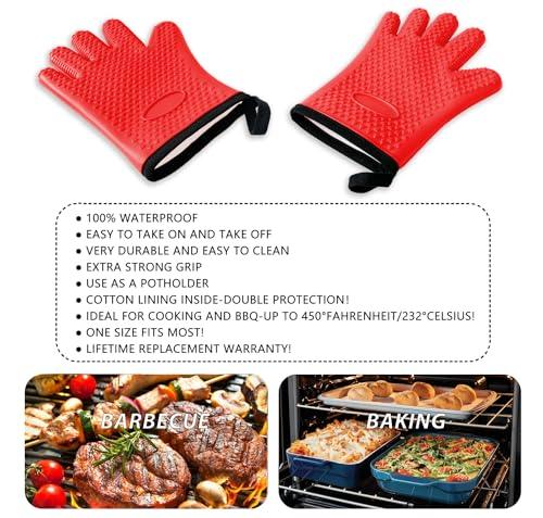 BBQ Gloves, Silicone Oven Mitts - Premium Grilling Gloves, Heat Resistant Gloves Handle Hot Food Right on Grill Fryer & Pit, Non-Slip Waterproof Kitchen Gloves for Barbecue, Cooking, Baking, Smoker - CookCave