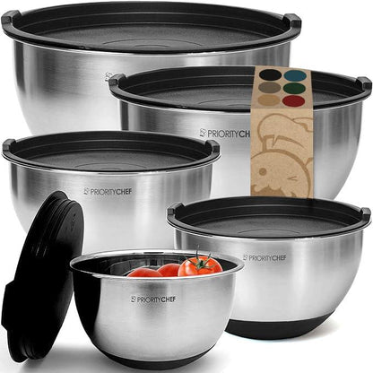 Priority Chef Premium Stainless Steel Mixing Bowls With Airtight Lids - Thick Metal Nesting Bowls for Kitchen, 1.5/2/3/4/5 Quart, Black - CookCave