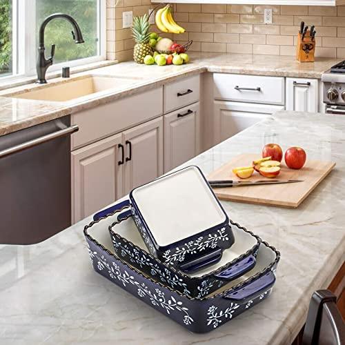AVLA 3 Pack Ceramic Bakeware Set Porcelain Rectangular Baking Dish Lasagna Pans for Cooking Kitchen Casserole Dishes Cake Dinner 12 x 8.5 x 6 Inches of Baking Pans Banquet and Daily Use Cobalt Blue - CookCave