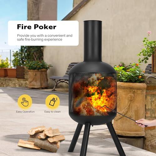 VIVOHOME 46 Inch Chiminea Outdoor Fireplace, Cold-Rolled Steel Wood Burning Fire Pit with Mesh Design, Top Chimney Cover, and Fire Poker Ideal for The Patio, Garden, and Backyard Black - CookCave