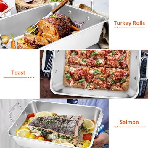 Leonyo Roasting Pan with Rack, 14 Inch Turkey Roasting Pan & Cooling Rack, Stainless Steel Baking Pans Non Stick Roaster Pan with Wire Rack for Cooking Ham, Chicken, Cake, Lasagna, Casserole - CookCave