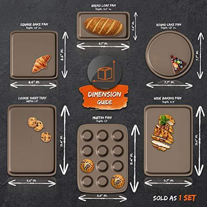 NutriChef 6-Pcs Nonstick Bakeware Set-est-Quality Baking Sheets, Non-Grease Cookie Trays, Wide & Square Bake Pan, Bread Loaf & Round Cake Pan, Designed Not To Wrap or Bend Out Of Shape, - CookCave