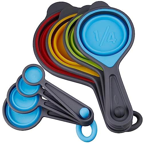 Kalsreui Measuring Cups and Spoons set, Collapsible Measuring Cups, 8 pieces Measuring Cups&Spoons Set, Engraved Metric & US Markings for Liquid&Dry Measuring, Space Saving, BPA Free Colorful Silicone - CookCave