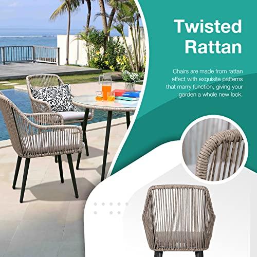 Patiorama 5-Piece Patio Dining Set, Outdoor Dining Table Chair Set, All-Weather Twisted Rattan Wicker Rope Conversation Set, Patio Furniture Set w/Umbrella Hole, 4 Cushioned Chairs&Glass Table(Tan) - CookCave