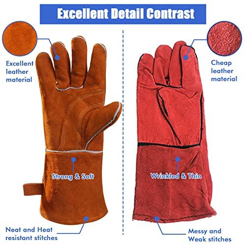QeeLink Welding Gloves - Heat & Wear Resistant Lined Leather and Fireproof Stitching - For Welders/Fireplace/BBQ/Gardening (14-inch, Brown) - CookCave