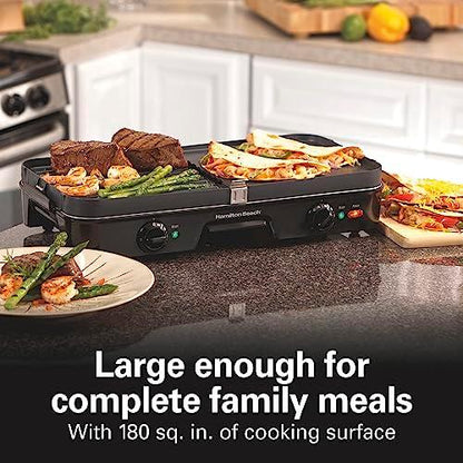 Hamilton Beach 3-in-1 Electric Indoor Grill + Griddle, 8-Serving, Reversible Nonstick Plates, 2 Cooking Zones with Adjustable Temperature (38546), Black - CookCave