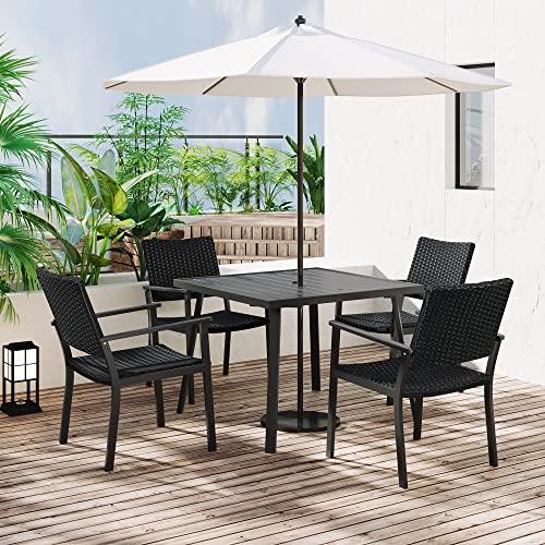 Merax 5-Piece Outdoor Patio PE Wicker Table Set with Umbrella Hole and 4 Dining Chairs for Garden, Black Frame Rattan - CookCave