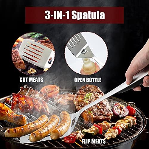 MAGIC FLAME 5PC Grill Tools Set - 18" Heavy Duty BBQ Accessories with Spatula, Fork, Knife, Brush, BBQ Tongs - Ideal Gift for Men - Stainless Steel Extra Long Barbeque Grilling Accessories for Outdoor - CookCave
