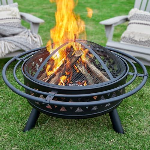 PaPaJet 35 Inch Fire Pit with 2 Loops, Outdoor Wood Burning Fire Pit Crossweave with Spark Screen Fire Poker, Backyard Patio Camping Beach Bonfire Pit, Black - CookCave