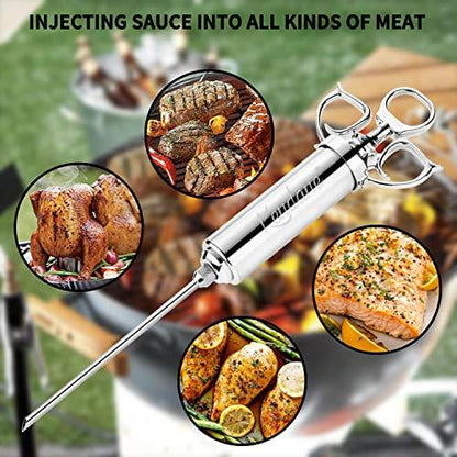 Meat Injector Syringe 2-oz Marinade Flavor Barrel 304 Stainless Steel with 3 Marinade Needles for BBQ Grill Smoker, Turkey, Fish, Brisket, Paper Silicone Brush and Instruction Included by Kendane - CookCave