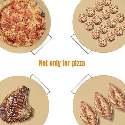 Round Pizza Stone for Grill 16 inch with Handles - Heavy Duty Cordierite Pizza Stone for Oven - Caprihom 0.67" Thickness Thermal Shock Resistant Baking Stone, Includes Metal Rack & Scraper - CookCave