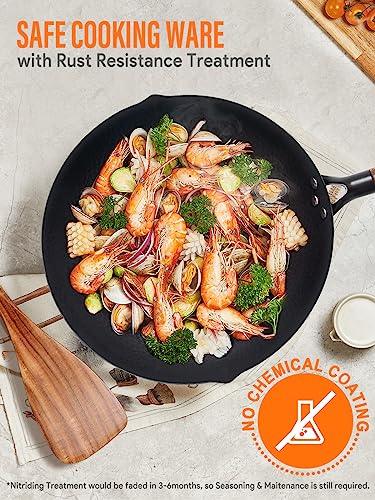 BrBrGo Carbon Steel Wok Pan, 5 Piece Authentic Chinese Wok & Stir-Fry Pans Set with Wooden Lid, No Chemical Coated Flat Bottom Chinese Woks Pan for All Stoves-13“ - CookCave