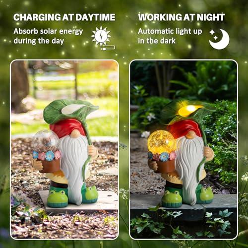 Grovind Garden Gnomes Decor Clearance, Solar Gnomes Statues Hold Magic Orb with LED Lights, Outdoor Gnome Statue with Frog Shoes Gnome Figurine for Patio Lawn Decorations Outside Gifts - CookCave