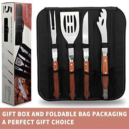 Deluxe BBQ Grill Tool Set with Rosewood Handles - Best Grilling Gift- Heavy Duty Grill Accessories Grilling Tools Set Grill Utensils- Extra Thick Stainless Steel Grill Spatula, Tongs, Fork& Meat Knife - CookCave