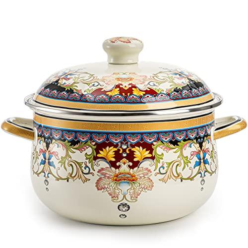 ZENFUN Kitchen Enamel Stockpot with Lid, 4.5 Quart Retro Flower Stew Bean Cooking Pot, Vintage Thicken Soup Pot with Handles, Nonstick, Safe for Induction Cookers, Gas Stove - CookCave