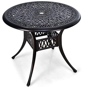 Tangkula 36 Inch Outdoor Dining Table, Round Cast Aluminum Patio Dining Table with Umbrella Hole, Weather-Resistant Patio Bistro Table for Backyard, Garden, Poolside - CookCave