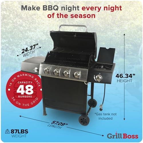 Grill Boss Outdoor BBQ 4 Burner Propane Gas Grill for Barbecue Cooking with Side Burner, Lid, Wheels, Shelves and Bottle Opener, Black - CookCave