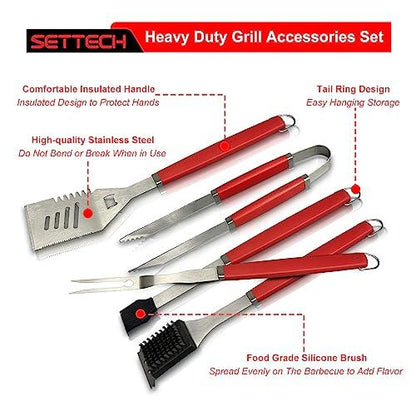 SETTECH 6PCS Grill Set for BBQ Tools Grilling Set,Heavy Duty Grill Utensils for Outdoor Grill with Spatula,Fork,2 Set of Brushes,Tongs and BBQ Press,BBQ Accessories Grill Sets for Men - CookCave