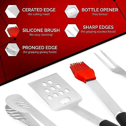AMZ BBQ CLUB 5-pc Grill Set with, Spatula, Fork, Brush & Thermometer-Fork Combo - Perfect Barbecue Accessories Grill Utensils Set for Outdoor Grill (Red-BBQ-Set) - CookCave