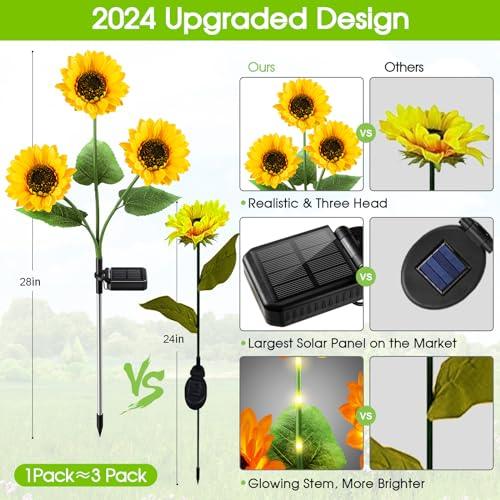 KOOPER Solar Lights Outdoor Garden Decor - Upgraded 3 Pack Solar Garden Lights with 9 Sunflower Lights, Waterproof Solar Outdoor Lights Auto ON/Off Solar Decorative Lights for Garden, Backyard - CookCave