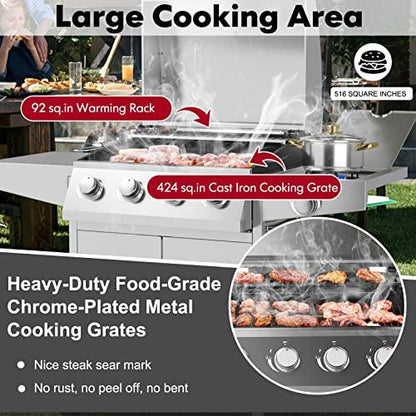 Giantex Propane Gas Grill 50,000 BTU, 4 Main Burners, 1 Side Burner, 2 Prep Tables, Stainless Steel Heavy-Duty BBQ Grill with 4 Wheels for Backyard Party Outdoor Cooking - CookCave