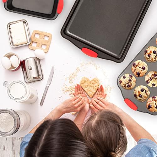 Moss & Stone 9 Piece Baking Pans Set, Oven Safe Baking Sheet Set Carbon Steel Non-Stick PTFE Coating, Bakeware Set With Heat Red Silicone Handles, Black Baking Trays For Oven - CookCave