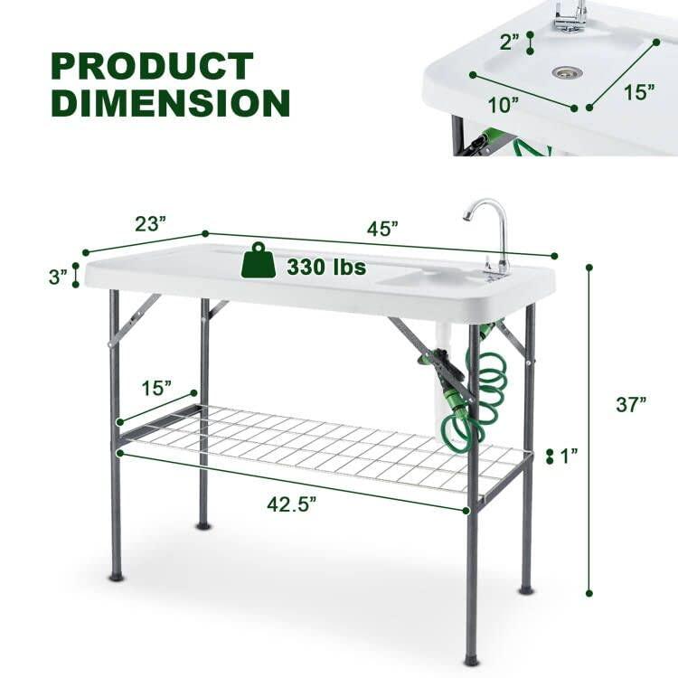 Hupmad 37" Folding Fish Cleaning Table w/Faucet & Sink, Outdoor Portable Fillet Station w/Grid Frame, Knife & Standard Garden Spray Nozzle, Multifunctional Washing Table for Camping or Kitchen, Grey - CookCave