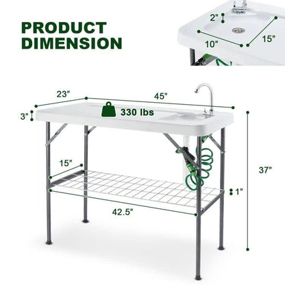 Hupmad 37" Folding Fish Cleaning Table w/Faucet & Sink, Outdoor Portable Fillet Station w/Grid Frame, Knife & Standard Garden Spray Nozzle, Multifunctional Washing Table for Camping or Kitchen, Grey - CookCave