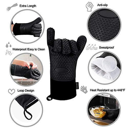 Comsmart BBQ Gloves, Heat Resistant Silicone Grilling Gloves, Long Waterproof BBQ Kitchen Oven Mitts with Inner Cotton Layer for Barbecue, Cooking, Baking, Smoker(Black) - CookCave