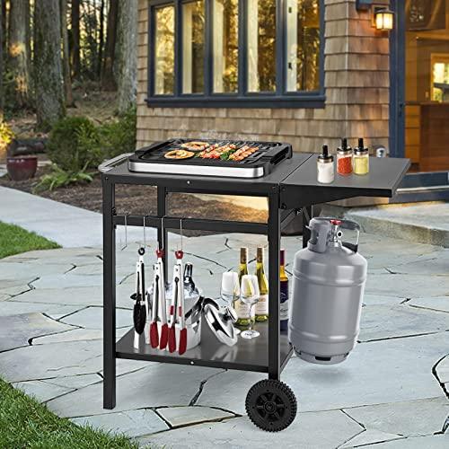 Giantex Outdoor Pizza Oven Stand Grill Cart with Wheels, Foldable Side Table, Gas Tank Hook, 4 Removable Hooks, Double-Shelf Movable Dining Cart Food Prep Worktable Trolley for Outside Kitchen BBQ - CookCave