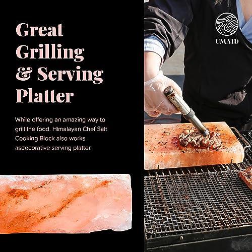 UMAID Himalayan Salt Block For Grilling, Cooking, Cutting and Serving,12X8X1.5 Food Grade Himalayan Pink Salt Stone on Stainless Steel Plate & Recipe Pamphlet, Unique Gifts for Men, Women, Chef, Cooks - CookCave