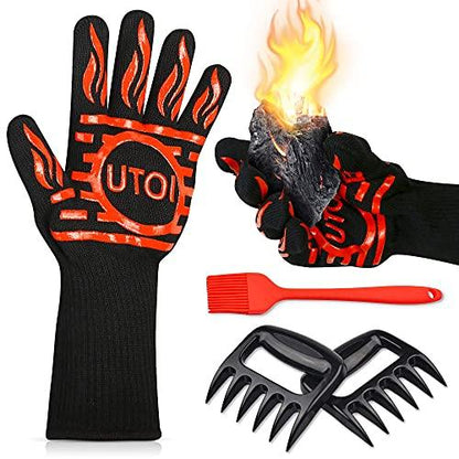 UTOI BBQ Grill Accessories Kit, 1472°F Heat Resistant BBQ Gloves Oven Mitts & Meat Shredder Claws & Silicone Sauce Basting Brush for Safe Grilling, Baking, Barbecue, Smoker & Outdoor Cooking - CookCave