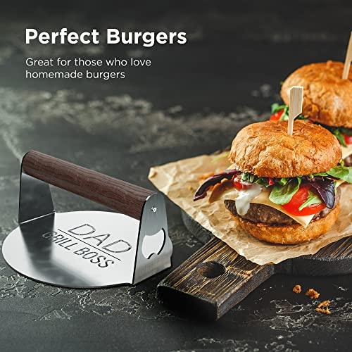 GALVANOX BBQ Press Grilling Gift for DAD The Grill Boss - Stainless Steel Smash Burger Press for Hamburger/Bacon with Wood Handle & Beer Opener (for Christmas, Birthday, Fathers Day) - CookCave