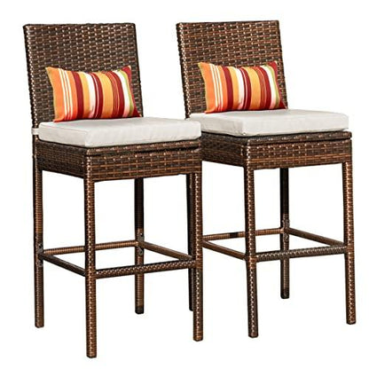 Sundale Outdoor Bar Stools 30 Inch Seat Height Set of 2, Patio Wicker Counter Stools with Back Rest, High Brown Rattan Chair with Pillow & Beige Cushion, All-Weather Armless Tall Pub Barstool - CookCave