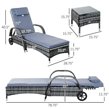 Outsunny Chaise Lounge Set of 2 with 5 Angle Backrest, Wheels, Armrests, Outdoor Coffee Table, Cushions, PE Rattan Wicker Poolside Chairs, 3-Piece Pool Furniture Set, Gray - CookCave