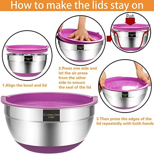 Umite Chef Mixing Bowls with Airtight Lids, 6 Piece Stainless Steel Metal Bowls, Measurement Marks & Colorful Non-Slip Bottoms Size 7, 3.5, 2.5, 2.0,1.5, 1QT, Great for Mixing & Serving - CookCave