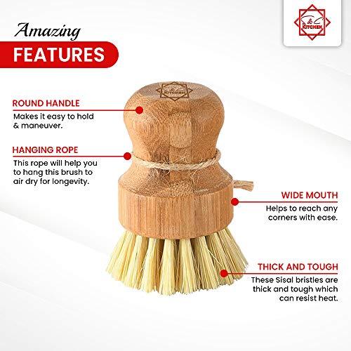 Dish Scrub Brush Bamboo - S&C Kitchen, Cleans Pan/Vegetable/Dishes/Wok, Bamboo Scrub Brush for Kitchen/Bathroom, Made Out of Palm & Sisal Bristles with a Handle, Vegetable Brush for Cleaning, Set of 2 - CookCave