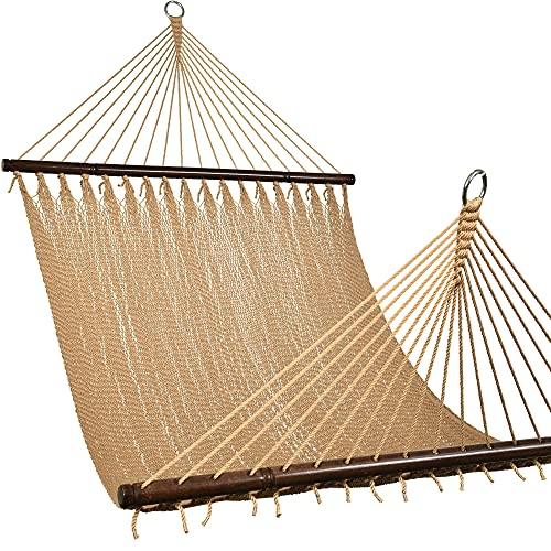 Lazy Daze 10 FT Double 2 Person Caribbean Rope Hammock, Hand Woven Polyester Hammock with Spreader Bars, Extra Large Outside Outdoor Backyard Patio Poolside Hammock, 450 LBS Capacity, Tan - CookCave