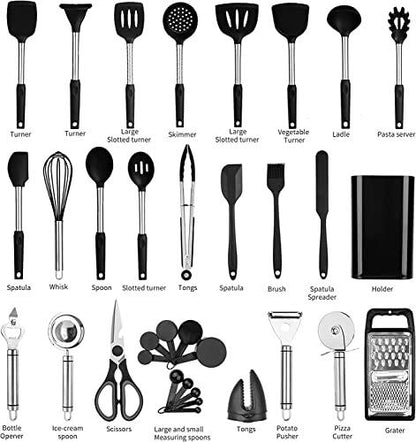 35 PCS Silicone kitchen Utensils set,Cooking Utensils set,Utensils,Kitchen Tool Set,Baking Set, Kitchen Set, Kitchen Gadgets,Kitchen Tools and Cookware Set with Holder.Stainless Steel - CookCave