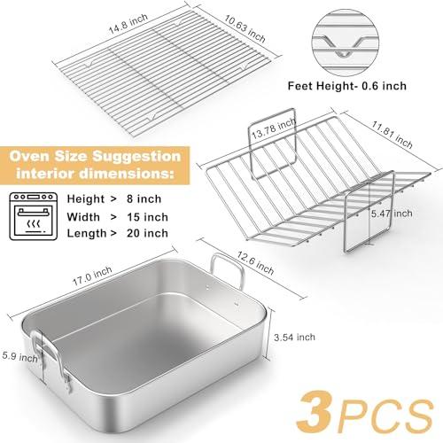Roasting Pan, EWFEN 17*13 Inch Stainless Steel Turkey Roaster with Rack - Deep Broiling Pan & V-shaped Rack & Flat Rack, Non-toxic & Heavy Duty, Great for Thanksgiving Christmas Roast Chicken Lasagna - CookCave
