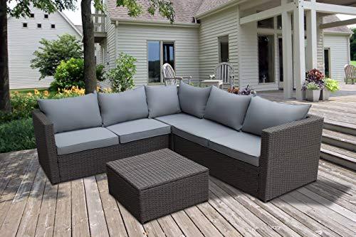 Outdoor Patio Furniture Set with Ottoman Square Coffee Table 4 Piece Patio Sectional Sofa Couch, Modern Brown Rattan Wicker with Seat Cushions - Light Grey - Oliver & Smith - Sunny - CookCave