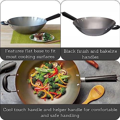 IMUSA USA Natural Wok with Triangle Handle 14-Inch, Silver, Black - CookCave